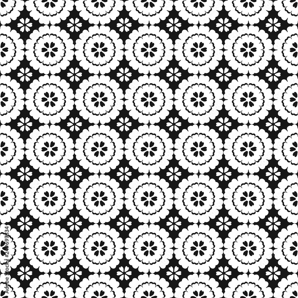 Vector black and white geometric flowers seamless repeat pattern background. Vector black and white geometric flowers seamless repeat pattern background.