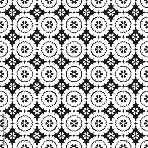 Vector black and white geometric flowers seamless repeat pattern background.