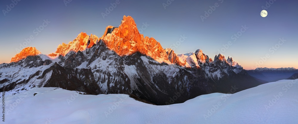 Beautiful view of Pale di San Martino in the italian Dolomites with blue sky. The famous Cimon della Pala as seen from Passo Rolle. Val di Fiemme Italy Trentino Alto Adige Amazing landscape background