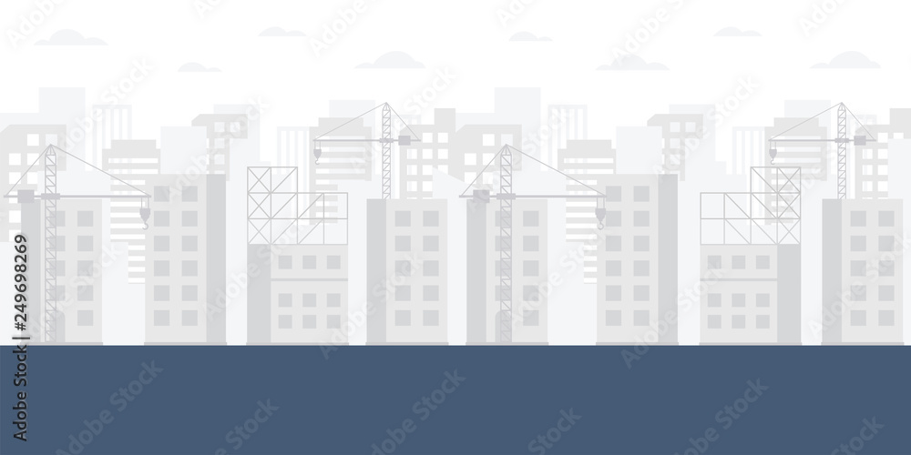 Construction skyline background. Concept modern city construction buildings. Vector illustration of construction site with cranes and skyscraper.