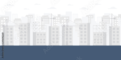 Construction skyline background. Concept modern city construction buildings. Vector illustration of construction site with cranes and skyscraper.