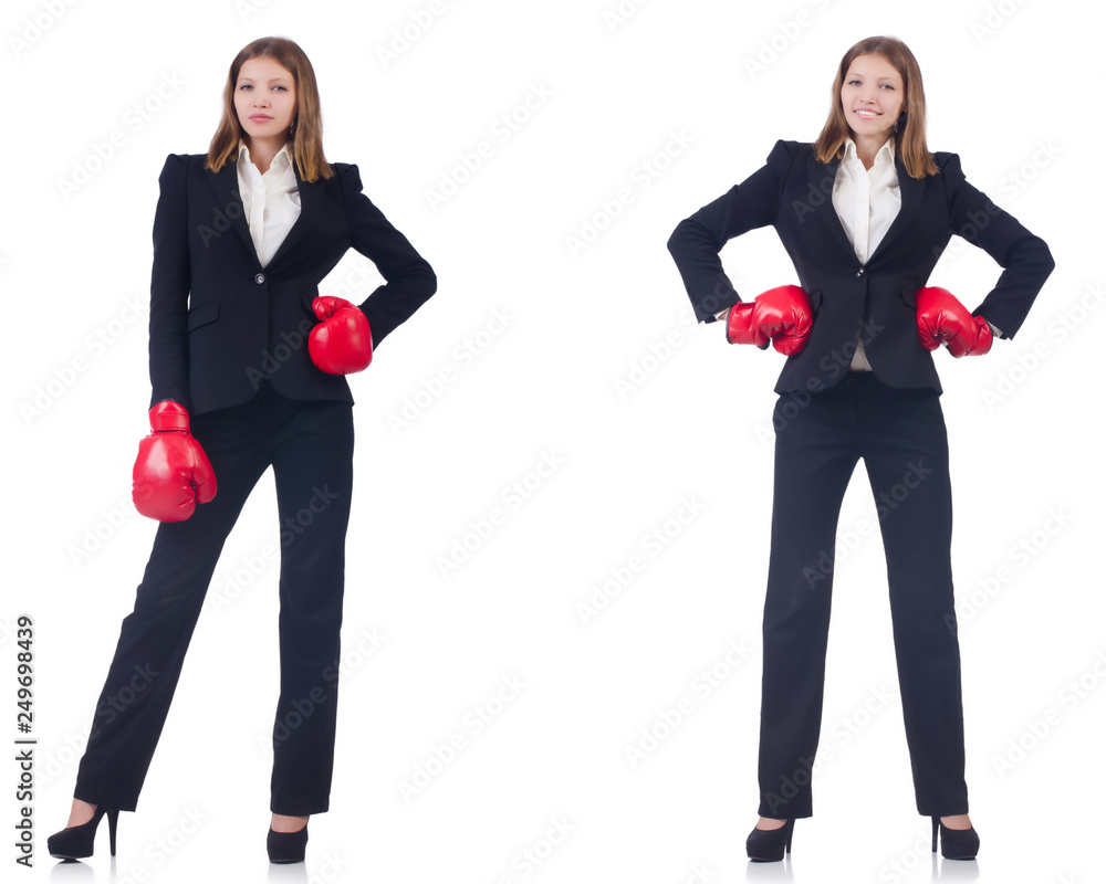 Businesswoman with boxing gloves isolated on white 