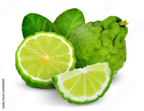 whole and half bergamot with leaf isolated on white background
