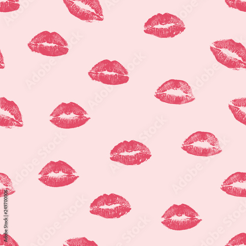 Vector woman pink lipstick kiss prints seamless background pattern. Pink lovely kisses for romantic  wedding and valentine backgrounds