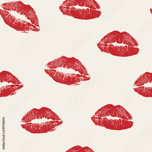 Vector woman red lipstick kiss prints seamless pattern. Red kisses for romantic  wedding and valentine backgrounds