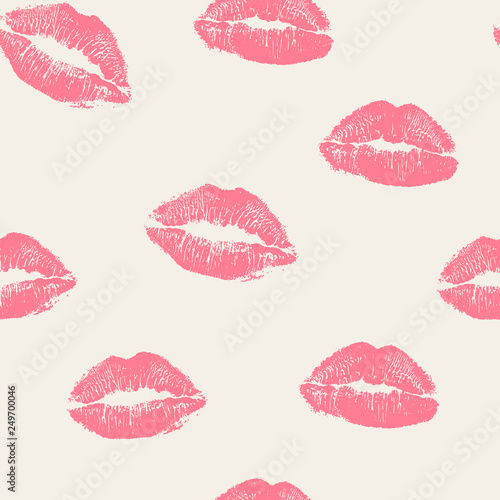 Vector woman pink lipstick kiss prints seamless background pattern. Pink lovely kisses for romantic, wedding and valentine backgrounds
