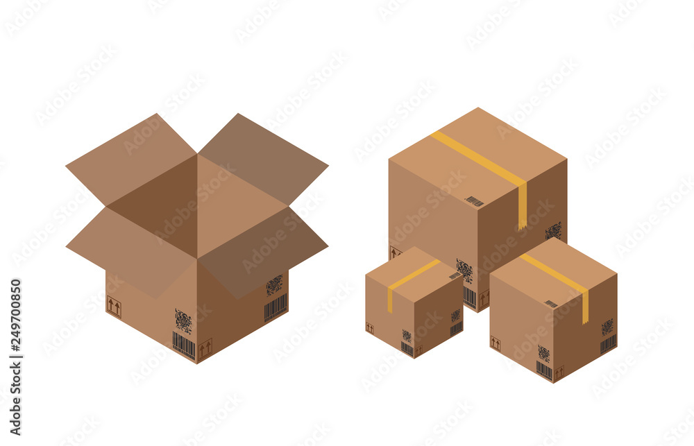 Carton packaging box. Isometric carton packaging box images with postal signs, this side up, fragile. Vector illustration. Carton packaging box. Isometric carton packaging box images with postal signs, this side up, fragile. Vector illustration.