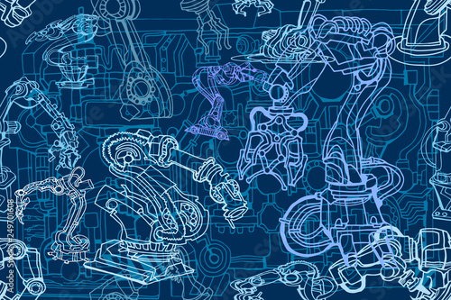 Vector seamless pattern. Industrial background with abstract robotic arms and industry or steampunk machines. Fantasy technology or factory illustration with decorative machine hand drawn elements.