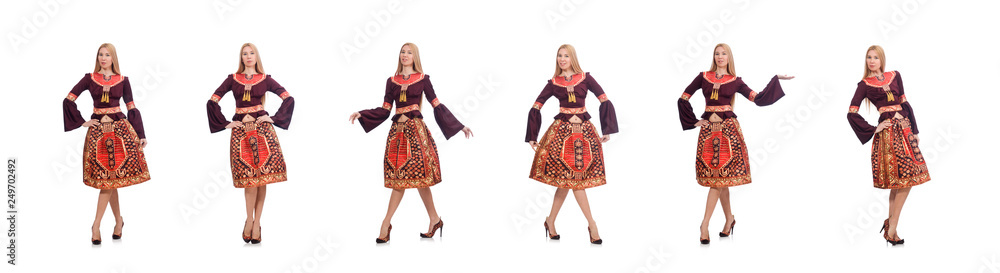 Woman in dress with oriental prints isolated on white Woman in dress with oriental prints isolated on white