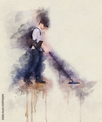 Runny Watercolor Illustration of a Man using metal detector with backpack