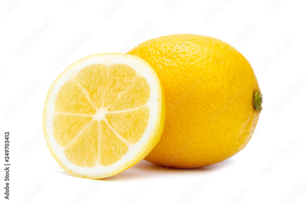 Isolated whole and slice juicy lemon on white background