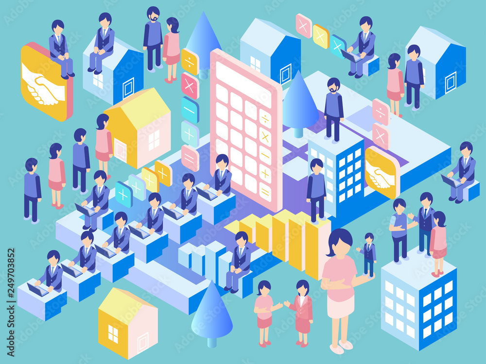 スマホとパソコンによる経理ビジネス 家とビルのアイソメ図ベクターデザインコンセプトイラスト緑背景 Stock ベクター Adobe Stock