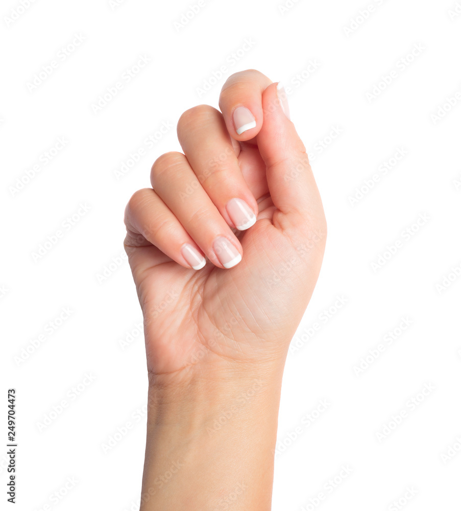 Woman hand over white background