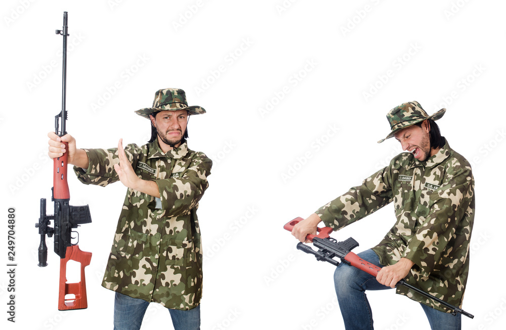Fototapeta premium Soldier with weapons isolated on white
