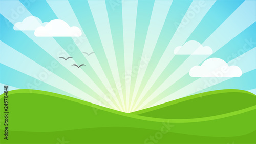 Landscape Cartoon. Sunrise in the morning and green grass fields.
