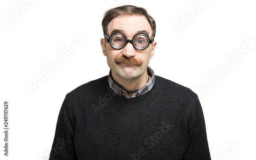 Funny portrait of a ner mand wearing nerd glasses © Minerva Studio