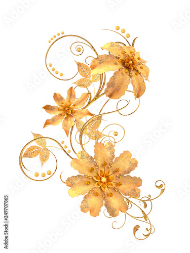 3d rendering. Golden stylized flowers, delicate shiny curls, paisley element. Decorative corner, pattern. Isolated on white background.