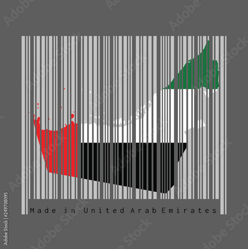 Barcode set the shape to UAE map outline and the color of UAE flag on grey barcode with dark grey background.