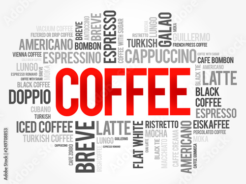 List of coffee drinks words cloud collage, poster background