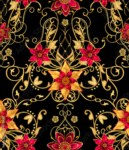 3d rendering. Golden stylized flowers  delicate shiny curls  paisley element  seamless pattern.