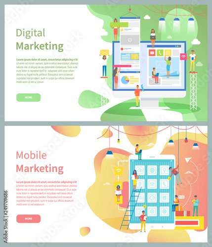 Mobile and digital marketing online pages, modern devices vector. Computer screen and tablet or smartphone, Internet market research and development