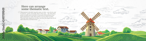 Rural colorful landscape with a mill and graphically drawn monochrome sky.