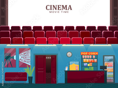 Cinema vector, movie theatre interior with sofa. Entertainment hall with seats for watching films, plant in pot, foliage decor, counter with food and snacks