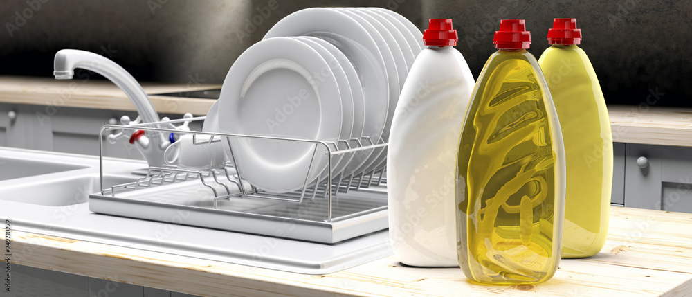 Φωτογραφία Dish soap liquid detergent containers in plastic bottles on kittchen dish rack background
