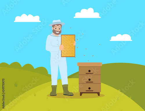 Beekeeper beekeeping man wearing gloves and mask. Farmer male holding honeycomb and tending bees. Rural worker, apiculturist on fields hill vector
