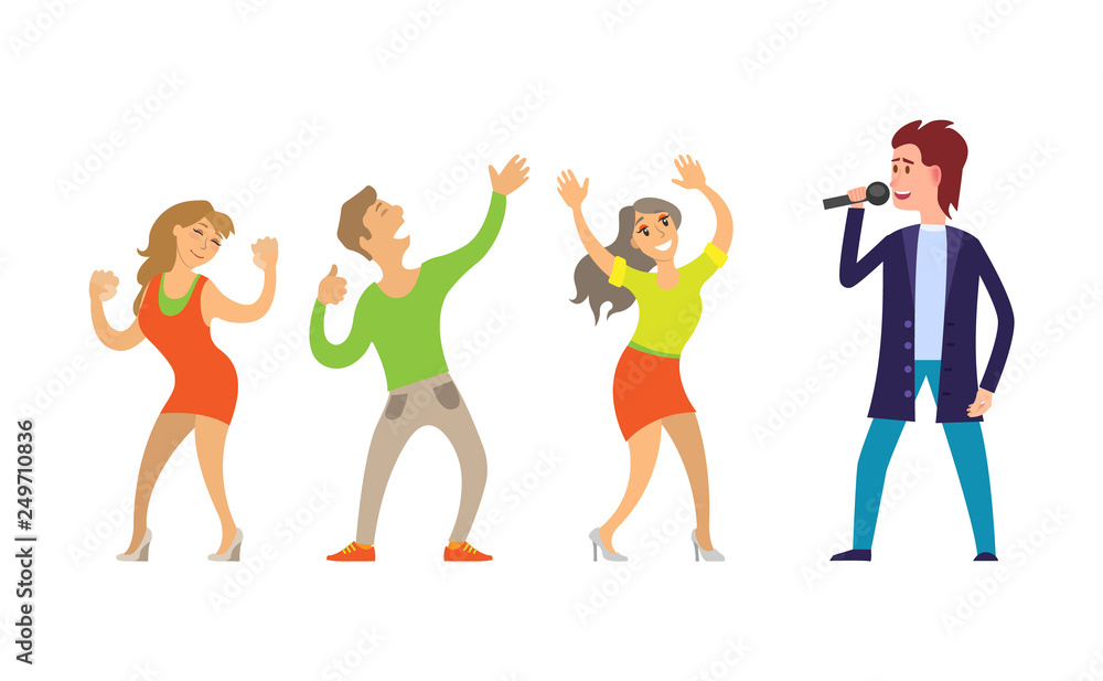 Musician giving performance for people dancing on music vector. Partying in club, clubbing male and females, couple and woman dancers relaxing together
