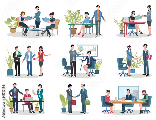 Conference holding and contract signing, office business meetings vector. Documents folders and laptop, workplace and graphic, boss and employees in flat style