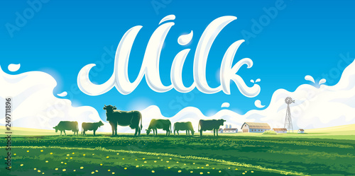 Summer rural landscape with a herd of cows and a farm, against on the background of the inscription and splashes of milk.