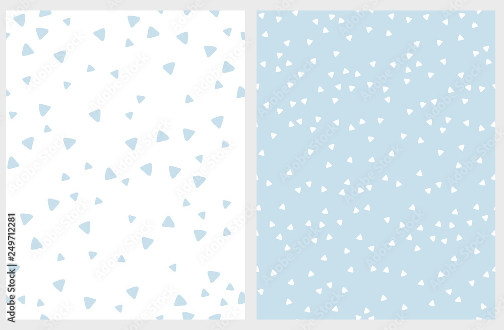 Set of 2 Hand Drawn Triangles Vector Patterns. Irregular Tiny Triangles Design. Light Blue and White Infantile Style Layout. Lovely Abstarct Geometric Illustration. Set of 2 Hand Drawn Triangles Vector Patterns. Irregular Tiny Triangles Design. Light Blue and White Infantile Style Layout. Lovely Abstarct Geometric Illustration.