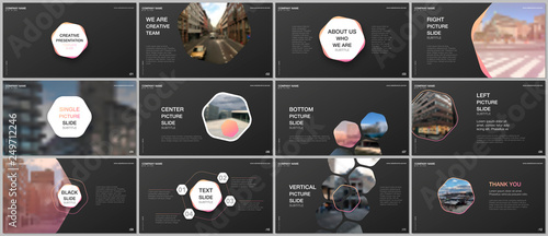 Minimal presentations design, portfolio vector templates with hexagons and hexagonal elements. Multipurpose template for presentation slide, flyer leaflet, brochure cover, report, advertising.