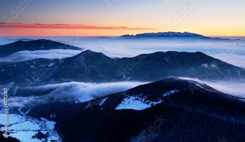 Fantastic evening and morning winter landscape. Colorful overcast sky. Beauty world Magical snow covered tree. In anticipation of the holiday. Dramatic wintry scene. Carpathian mountains, Europe