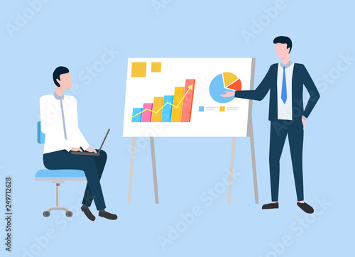 Presenter with presentation vector, conference of businessman. Male explaining business plan and analyze data information. Person with laptop listening