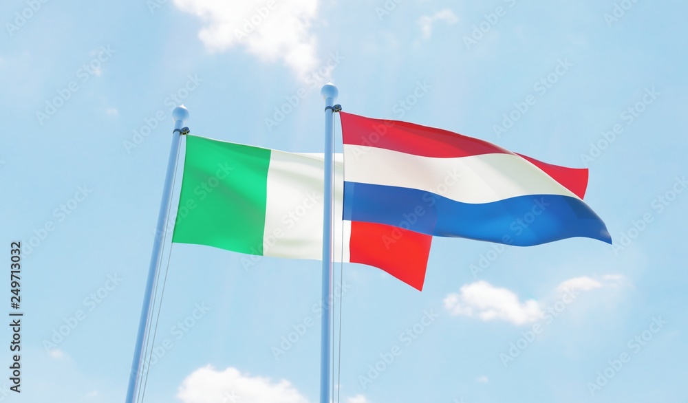 Netherlands and Italy, two flags waving against blue sky. 3d image Netherlands and Italy, two flags waving against blue sky. 3d image