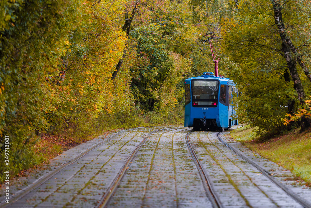 Tram rides through the autumn park