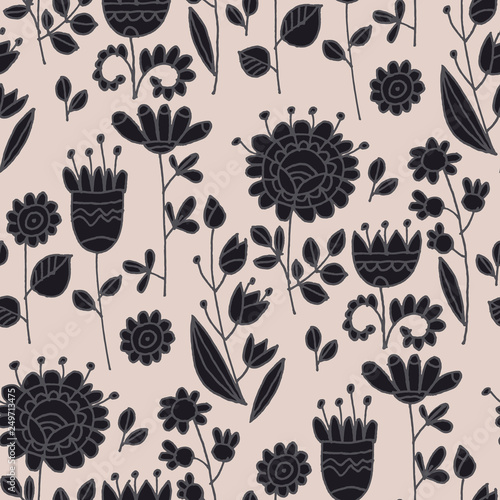 Abstract flowers hand drawn seamless pattern. Scandinavian style doodle floral silhouettes. Wildflowers doodle sketch. Black pink brushstrokes cartoon texture. Wrapping paper, wallpaper natural design © galyna_p