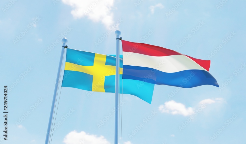 Netherlands and Sweden, two flags waving against blue sky. 3d image Netherlands and Sweden, two flags waving against blue sky. 3d image