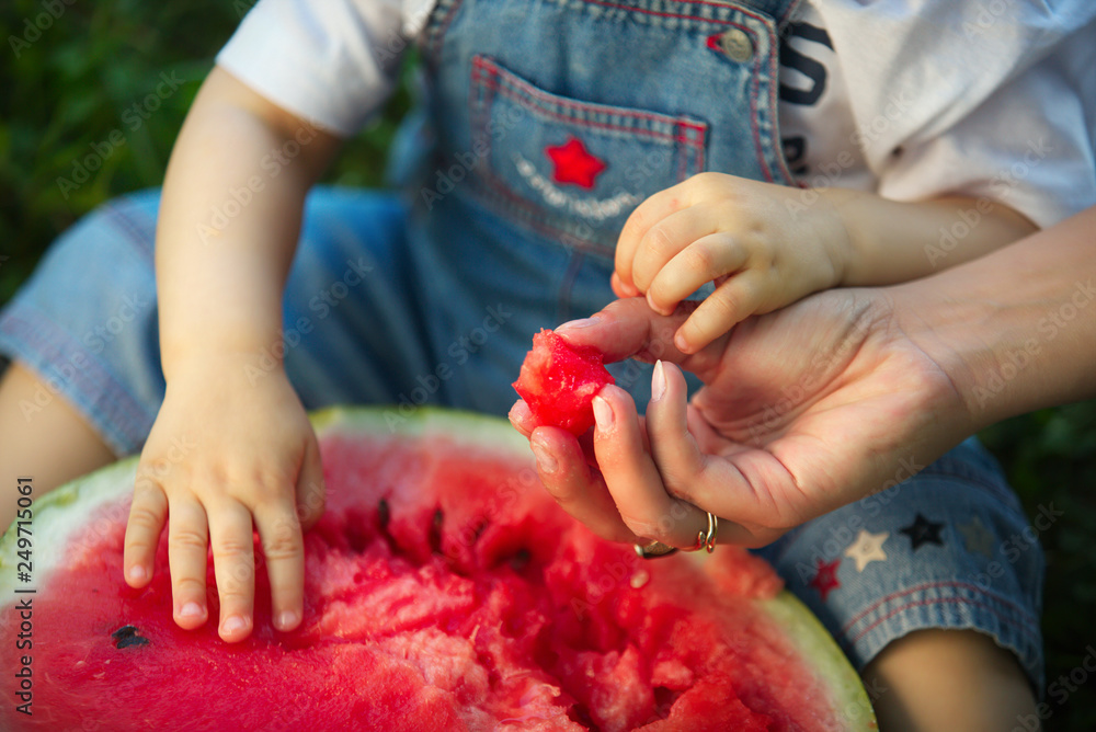 child eats watermelon with his hands
child eats watermelon with his hands