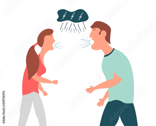 Violence in family. The guy and the girl shout at each other. Wife and husband shout at each other.Vector illustration