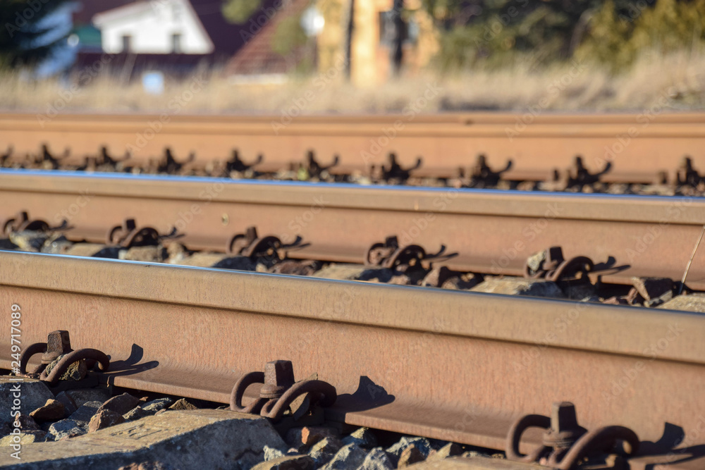 Fototapeta premium Eisenbahnschienen, Schienen, Eisen, Bahn, Zug, Nahaufnahme, Hintergrund, Energie