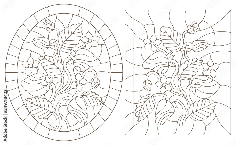 Set of contour illustrations of stained glass Windows with berries, leaves and strawberry flowers, dark contours on a white background Set of contour illustrations of stained glass Windows with berries, leaves and strawberry flowers, dark contours on a white background