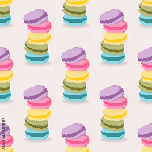 Vector illustrator of seamless pattern colorful assorted macaroons sweet cake. Stack of colorful cartoon macarons icon. Pixel art. 8 bit
