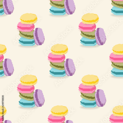 Vector illustrator of seamless pattern colorful assorted macaroons sweet cake. Stack of colorful cartoon macarons icon. Pixel art. 8 bit