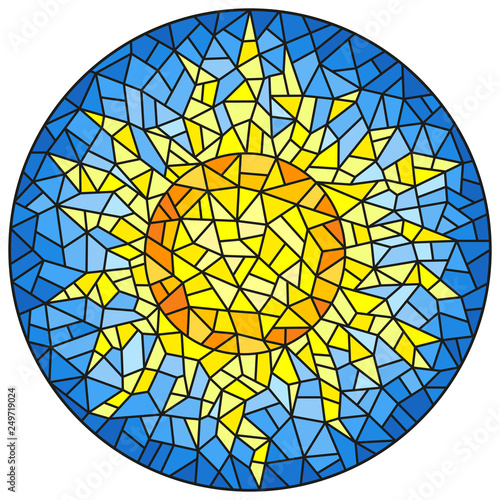 Illustration in the style of a stained glass window abstract cracked  sun against the blue sky, round image 