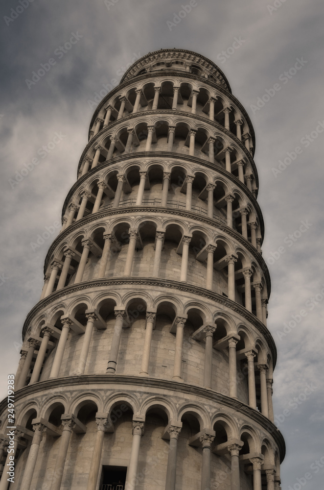 Leaning Tower of Pisa, Italy, Europe. Tower of Pisa Over Blue Sky. Italian Architecture.