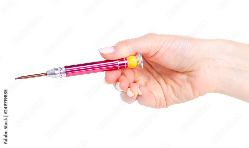 Screwdriver for repairing mobile phones in hand on a white background. Isolation Screwdriver for repairing mobile phones in hand on a white background. Isolation