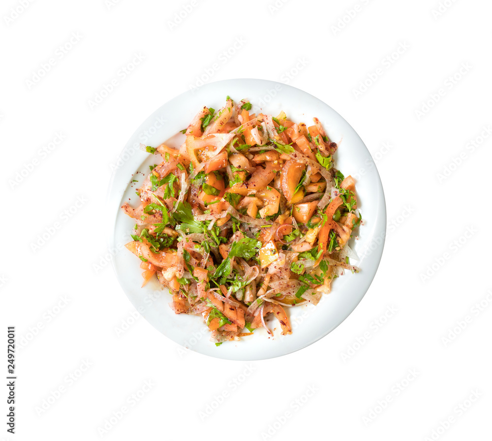 Traditional Turkish Kebab Salad onions and tomatoes in plate isolated on white Traditional Turkish Kebab Salad onions and tomatoes in plate isolated on white